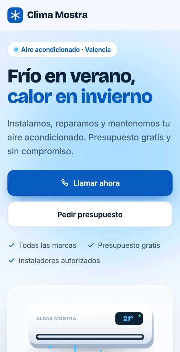 Diseño de muestra de la web de una empresa de climatización en el móvil