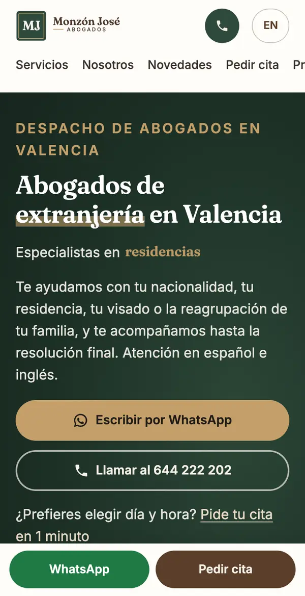 Portada de la web de Monzón José Abogados en el móvil