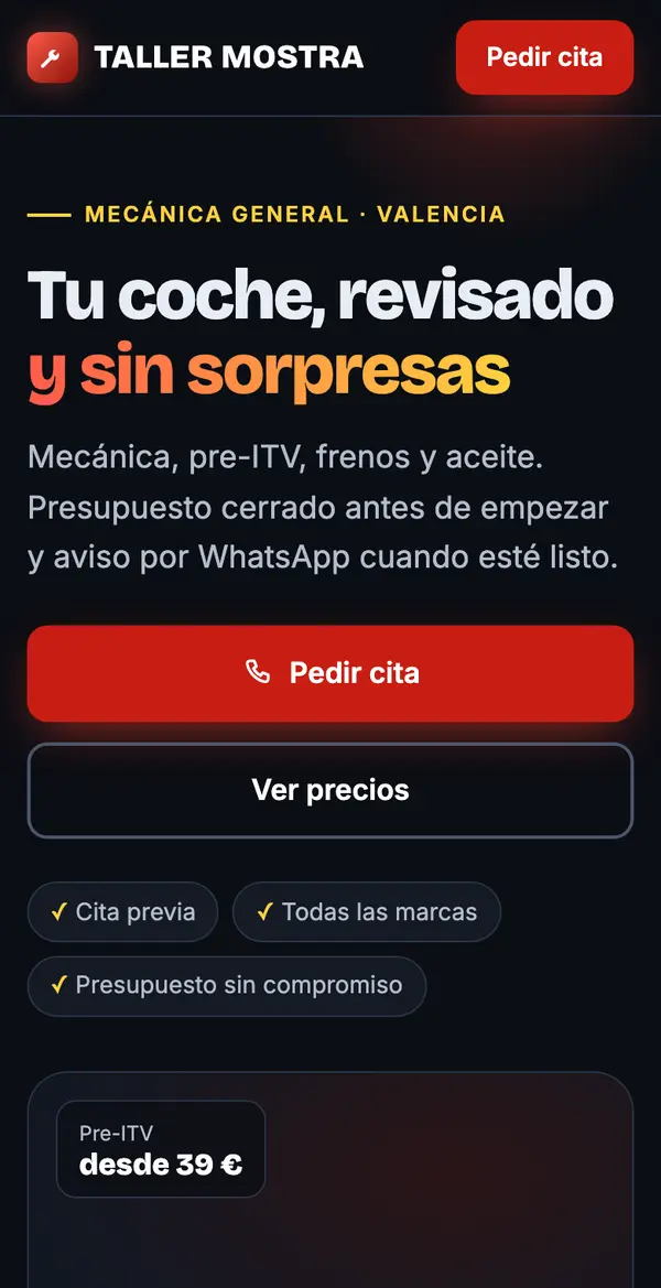 Diseño de muestra de la web de un taller mecánico en el móvil